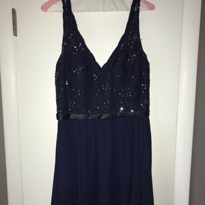 Mori Lee Long Navy Dress - lace top, chiffon skirt